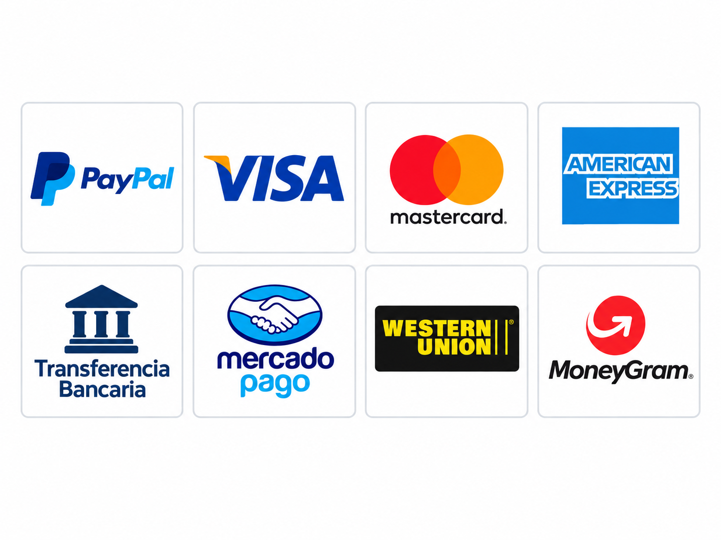 Medios de pago disponibles: PayPal, tarjetas, transferencia bancaria, Mercado Pago, Western Union y MoneyGram
